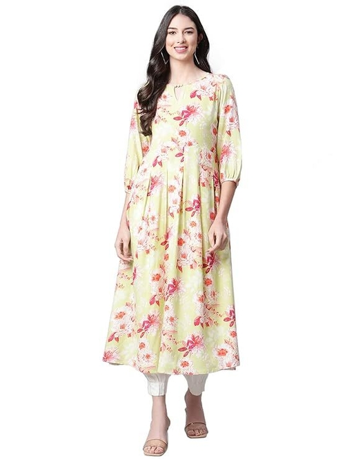 Rayon Floral Print A-Line Dress Peach flower printed (Size-L)