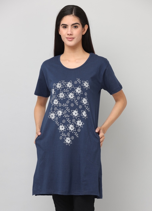 Women'S Stylish  Round Neck Cotton Printed Long Tshirt (Size-L)