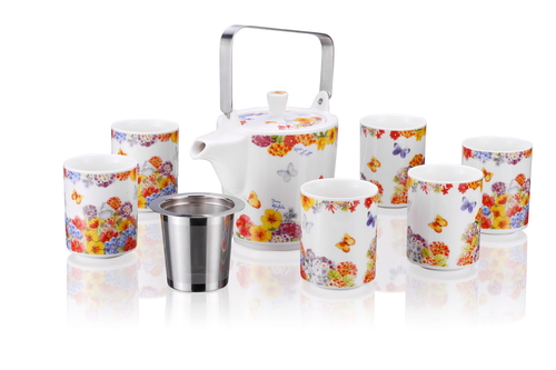 Teapot and 6 Mugs Set, Flowers