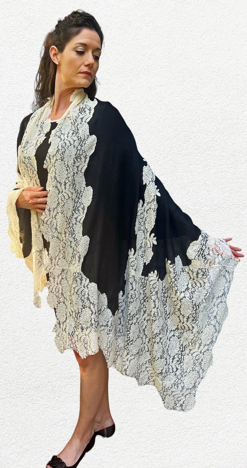 Black and White Wool and Silk Lace Scarf / Wrap