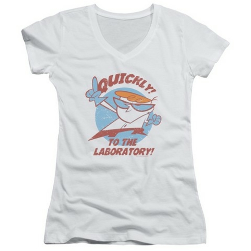 Trevco Dexters Laboratory-Quickly - Junior V-Neck Tee - White & Extra 