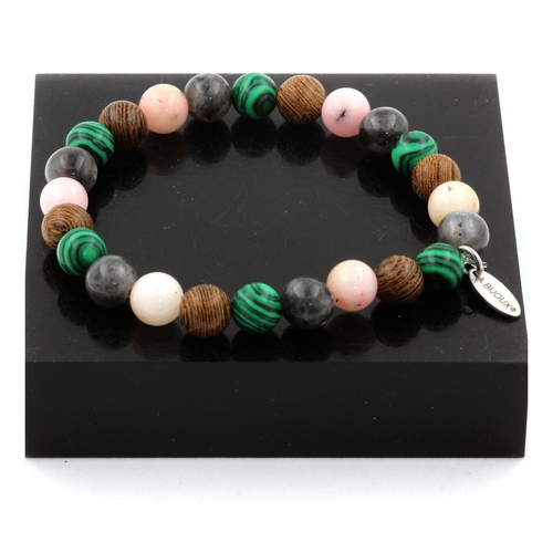 Pink Opal + Labradorite + Malachite + wood Bracelet 8 mm Beads.