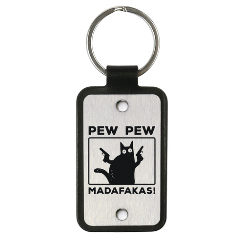 Leather keychain with stainless steel plate – Pew Pew Madafakas