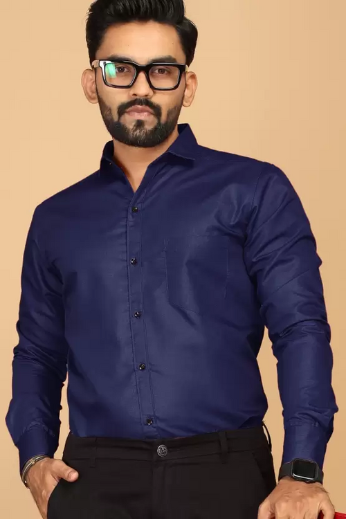 Men Regular Fit Solid Casual Shirt Dark Blue (Size L)