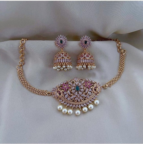 Gold plated cz matte finish Choker necklace set With Designer chain