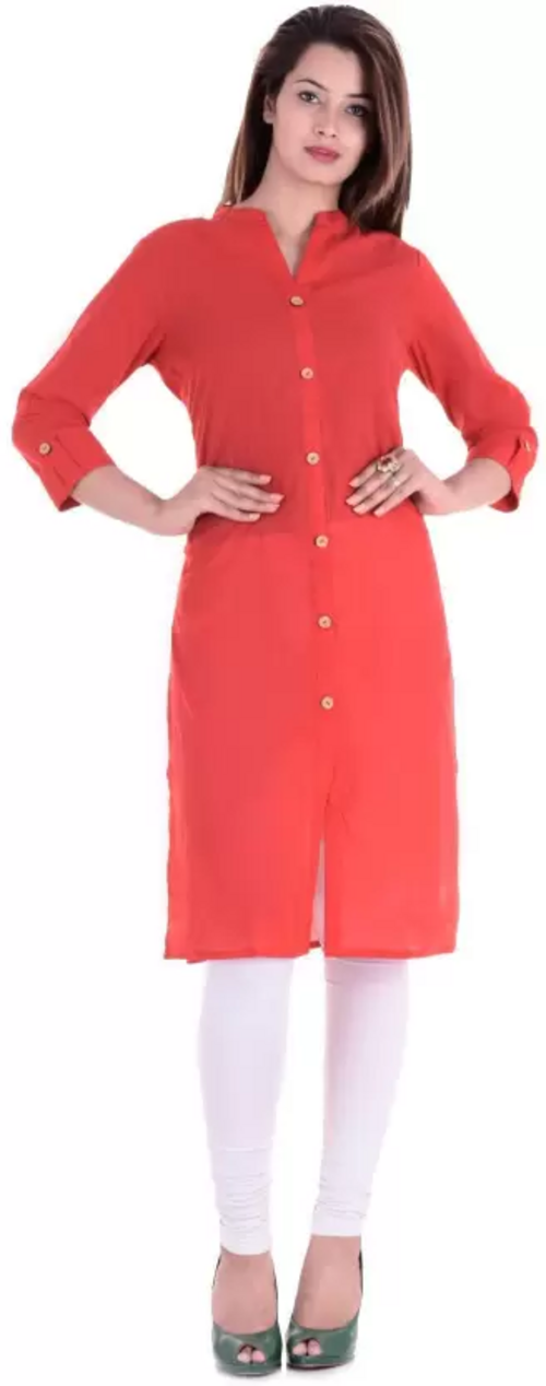 Women Solid Cotton Silk Straight Kurta  (Red) Size M