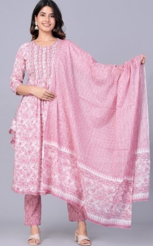 Printed A-Line Gotta Patti Pure Cotton Kurta with Trousers & Dupatta