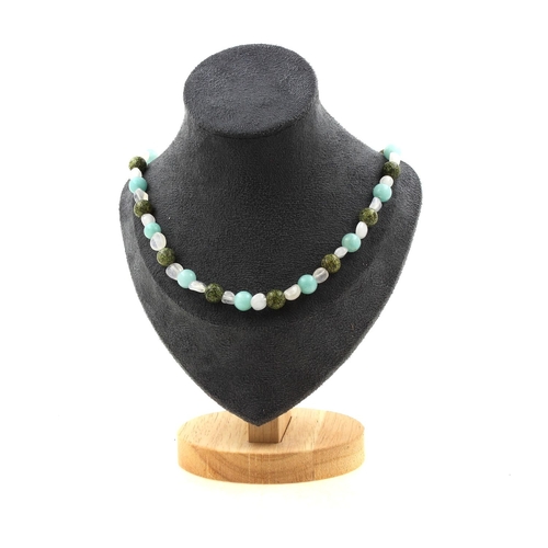 Moonstone from India + Angelite + Serpentine 8 mm beads necklace.