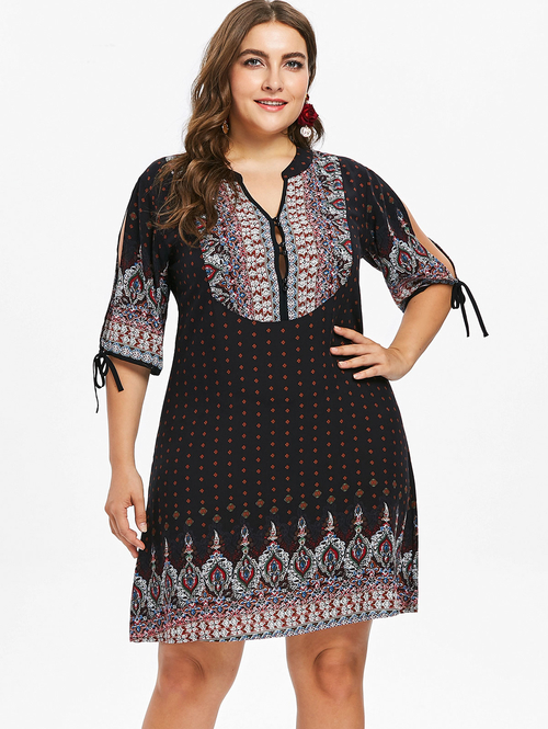  Plus Size Ethnic Button Embellished Dress