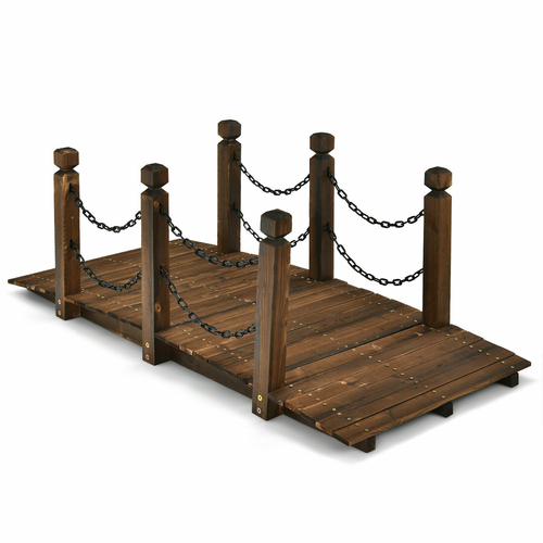 Wooden Garden Bridge Classic Arc Walkway with Metal Chain