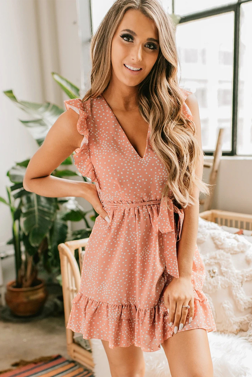 Pink Polka Dot Print Ruffled Mini Dress with Belt