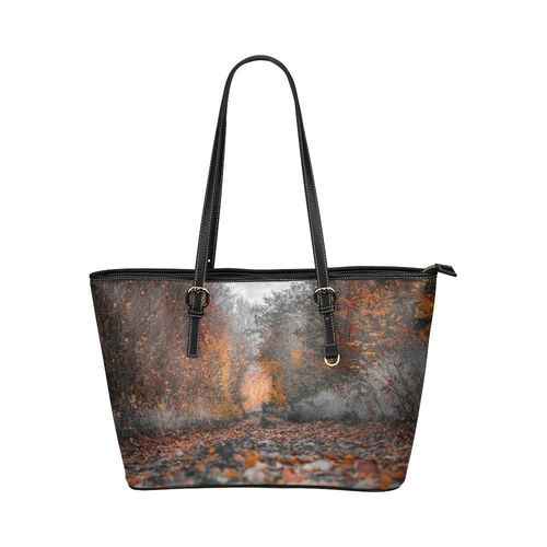 Large Leather Tote Shoulder Bag - Brown Autumn Print