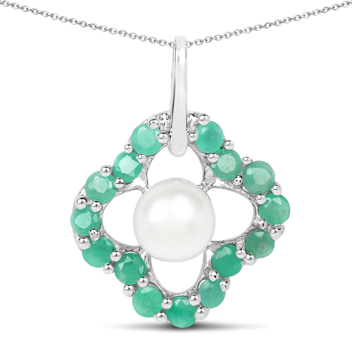 2.80 Carat Genuine Emerald and Pearl .925 Sterling Silver Pendant