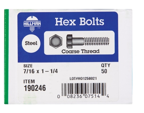 Hillman 190246 0.43 x 1.25 in. Low Carbon Hex Bolt