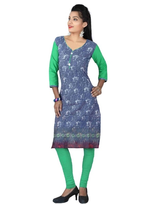 Green & Blue Cotton Printed Casual Kurti