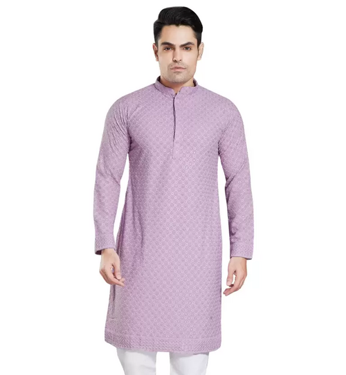 Men Embroidered Cotton Rayon A-line Kurta  (Purple) (Size UK 36)
