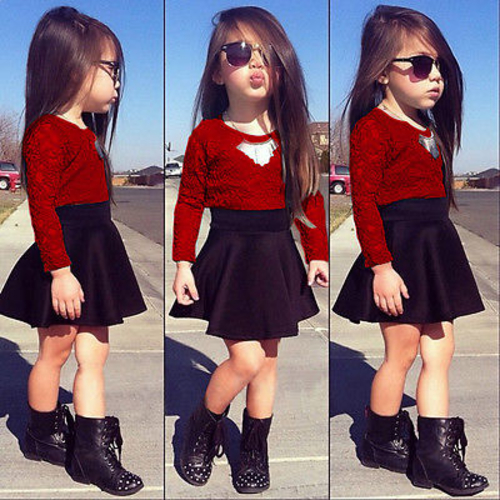 Baby Kids Girls Lace Red Floral Long Sleeve O neck