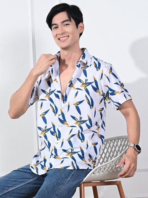 Leaf Printed Casual Half Sleeves Mens Shirt (Size-L) (Color-WHITE)