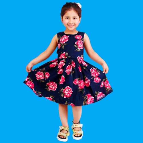 Girls Below Knee Casual Dress (Navy Blue, Sleeveless)