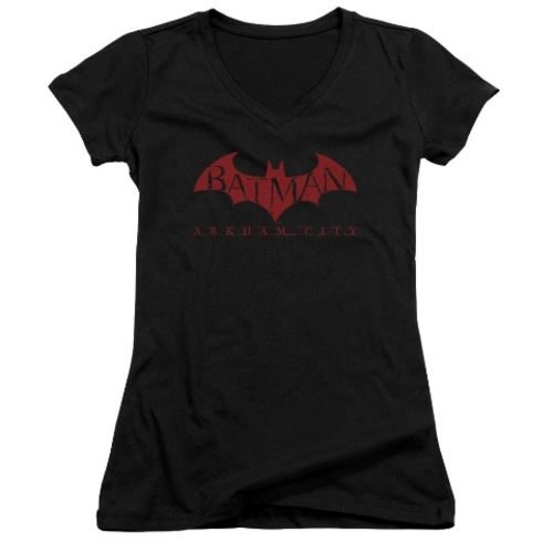 Trevco Arkham City-Red Bat - Junior V-Neck Tee - Black- Small