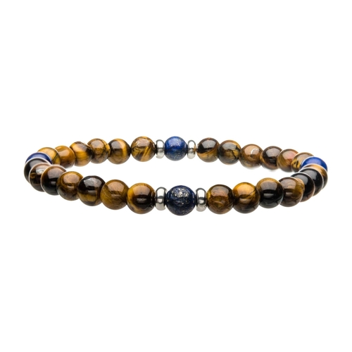 6 mm Stainless Steel Blue Coral & Tiger Eye Beads in Elastic Band Brac
