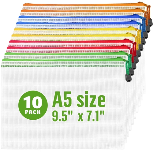 10 Pack Plastic Zipper Pouches A5 for School Office Supplies Cosmetics