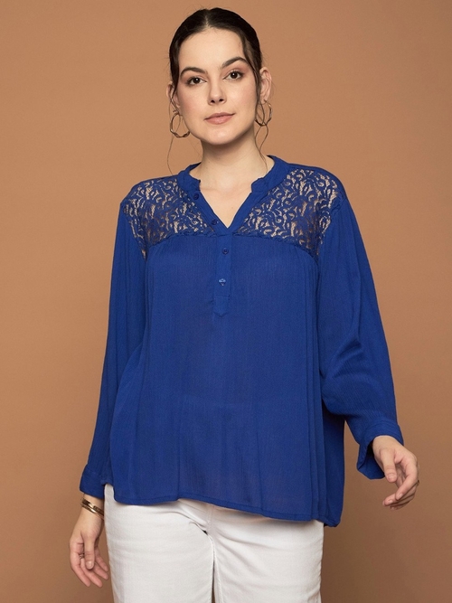 Women Floral Lace Trim Crinkled Rayon Solid Tunic (Color Royal Blue)