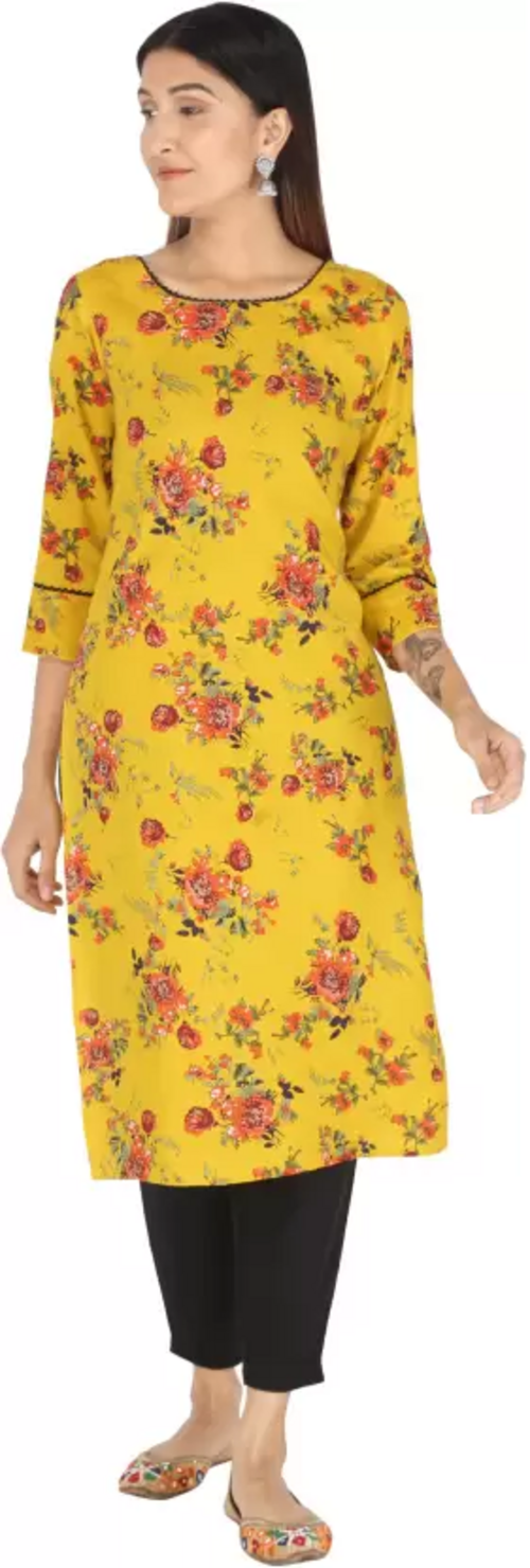 Women Floral Print Viscose Rayon Straight Kurta  (Yellow) Size L