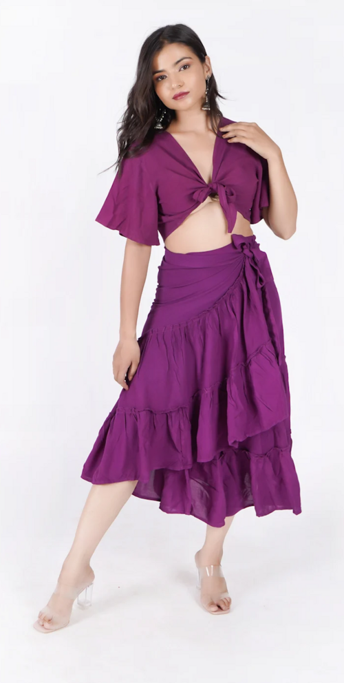 Women's Summer Wrap Skirt & Blouse Set Dress (Color Purple) (Size L)