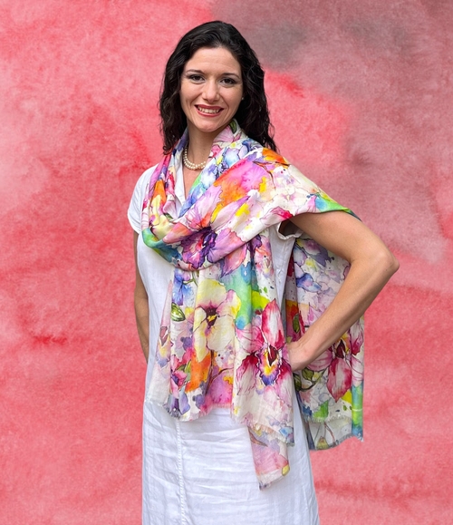 Spring Flowers Digitally Printed Abstract Watercolor Scarf