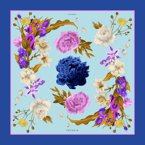 Secret Garden Blue-Ciel 100% silk scarf