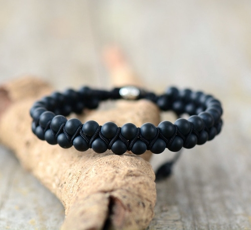 Men Bracelet Matte Onyx Black Cord Steampunk