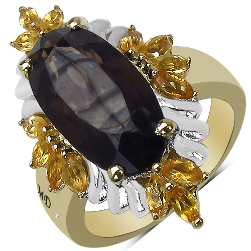 14K Yellow Gold Plated 7.07 Carat Genuine Smoky Quartz, Citrine &