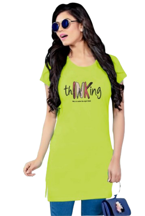 Women's Light Green Long Round Neck Tshirt with Two Size Cut Size S
