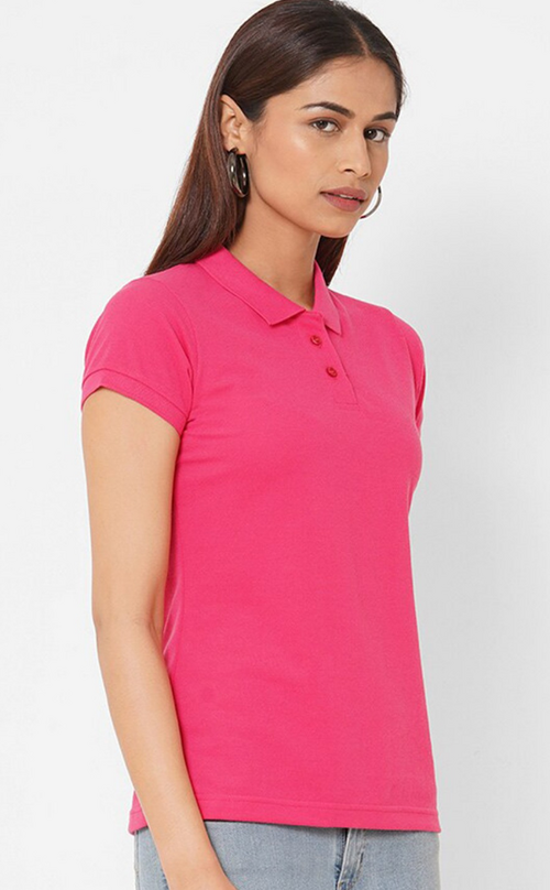 Women Solid Polo Collar T-shirt (ColorPink) (Size XL)