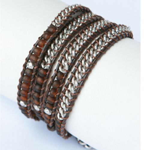 Zirconmania 610B-8695BRN Silver and Leather Brown Beaded Wrap Bracelet
