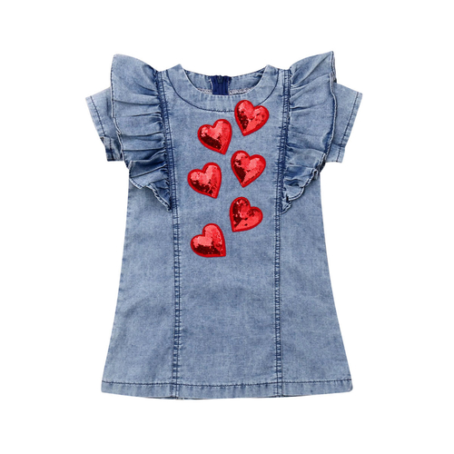 1 6Y Infant Kids Baby Girls 3D Heart Denim Dress