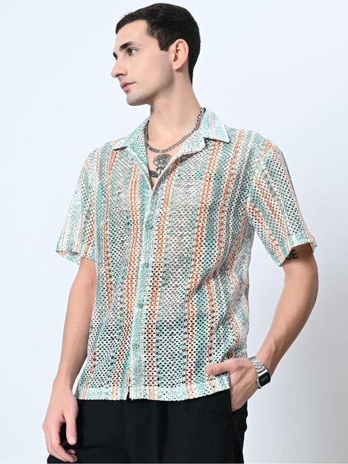 Crochet Half Sleeves Relaxed Fit Shirt-GREEN (Size-L) (Color-GREEN)