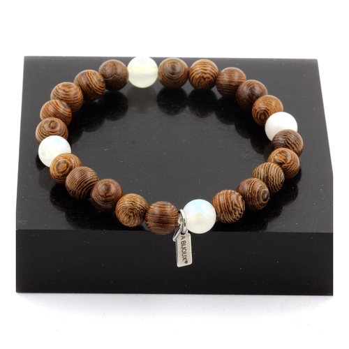 Moonstone + Wood Bracelet 8 mm Beads.