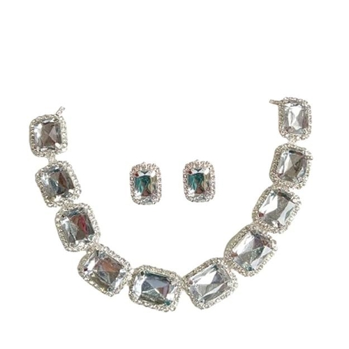 SILVER STONE ARTIFICIAL NECKLACE SET WITH EARRINGS