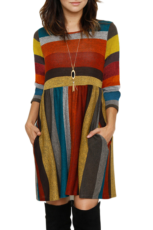 Orange Multicolor Striped Soft Cotton Tunic Dress