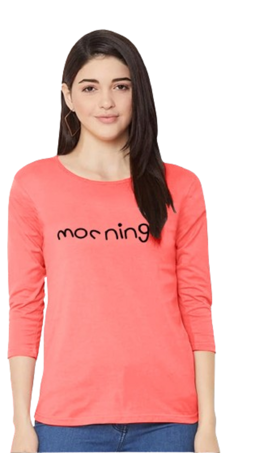 Women's Peach Round Neck 3/4 Sleeves Tshirt Size S