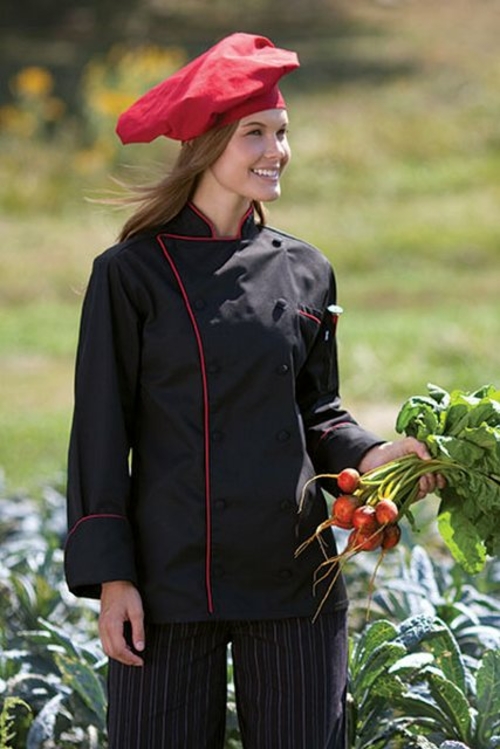 Uncommon Threads 0432-4804 Murano Chef Coat in Black with Red Piping -