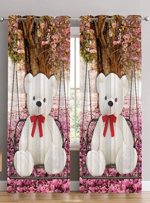 Decode White Teddy bear Digital Printed Polyester Fabric Curtains for