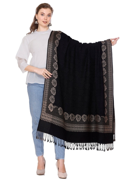 Black Wool Blend Shawl For Women.