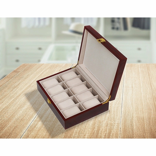 10 Grids Wooden Watch Case Glass Jewellery Storage Holder Box Wood
