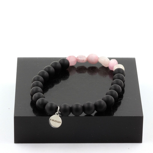 Kunzite from Brazil + Matte Black Onyx + wood Bracelet 8 mm Beads.