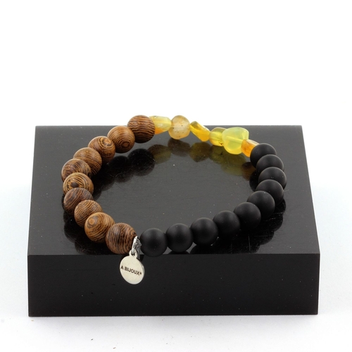 Yellow Opal + Matte black Onyx + wood Bracelet 8 mm Beads.