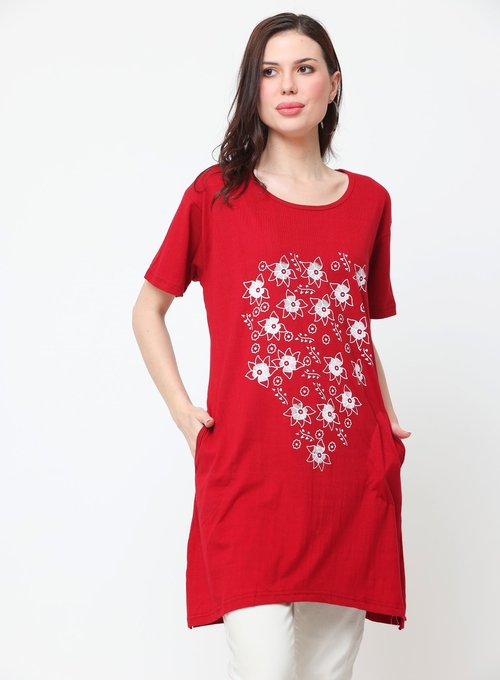 Women'S Stylish  Round Neck Cotton Printed Long Tshirt (Size-L)