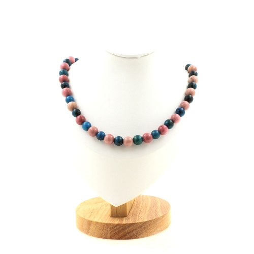 Rhodonite + Apatite 8 mm beads necklace. Stainless steel chain